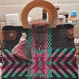 Mexican Woven Tote Bag with Wooden Handles